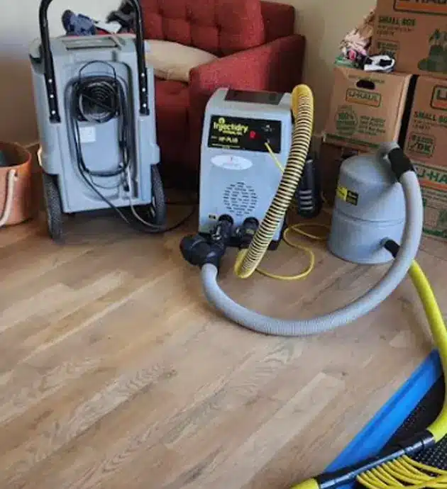Professional carpet and upholstery cleaning equipment set up in a residential living room, including a white and blue hot water extraction machine with hoses, a carpet cleaning wand, and additional cleaning supplies positioned on a hardwood floor next to furniture.