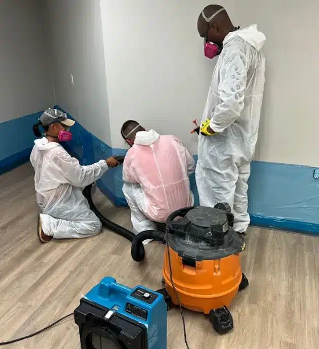 Three people in white protective suits and masks work inside a room with two-tone walls (white upper, blue lower) during what appears to be mold remediation or hazmat cleanup. An orange containment unit and blue equipment are visible on the floor, suggesting professional restoration or decontamination work. The workers are handling pink insulation material, indicating removal or replacement of building materials.