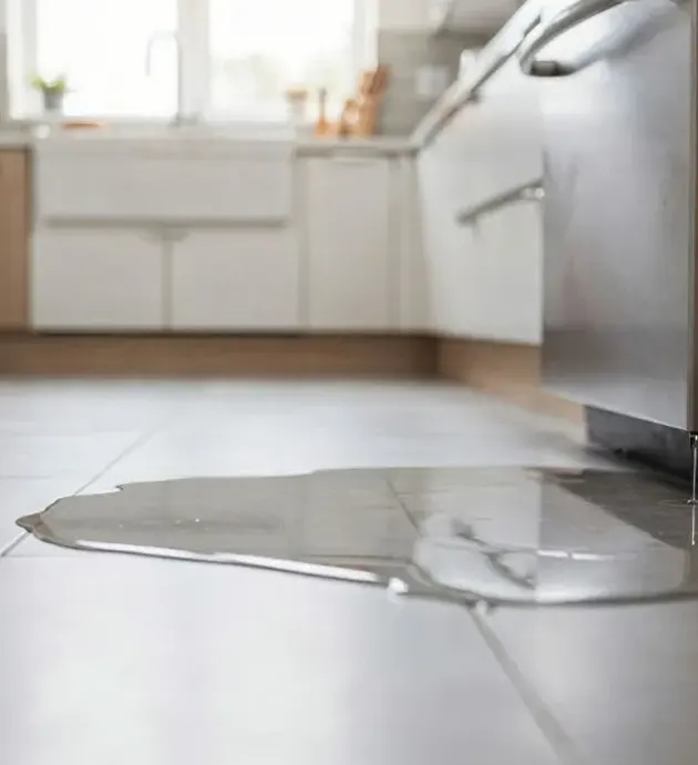 A stainless steel kitchen knife lies on a white countertop in a modern, minimalist kitchen with white cabinetry and stainless steel appliances visible in the background. The knife appears to be a chef's or utility knife with a long, sharp blade and is positioned diagonally across the counter surface. Natural light streams in from a window above the counter, creating subtle shadows on the work surface.