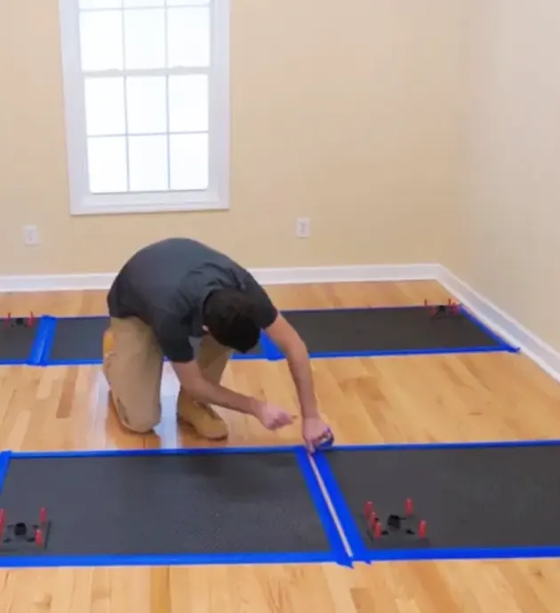 A person in a dark shirt performs a forward fold or yoga pose on a blue and black exercise mat placed on a wooden floor in a bright, minimally furnished room with beige walls and a window. The mat is secured with blue tape markings on the wooden surface. The setting appears to be an indoor fitness or yoga studio space.