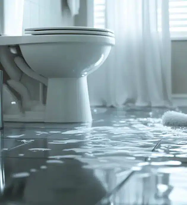A bathroom toilet sits on a flooded floor with water spreading across the tiles, indicating a plumbing emergency or overflow situation. The bathroom appears modern with white walls and natural light from windows in the background. Towels and other bathroom items are visible in the water, suggesting the flooding has affected the space's contents.