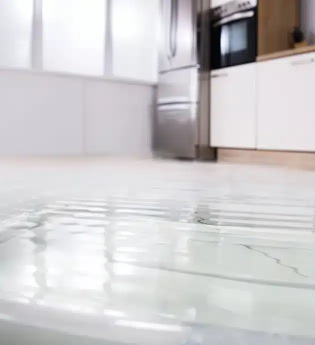 A kitchen floor is flooded with standing water, creating a reflective surface that mirrors the surrounding cabinetry and appliances. The water appears to be a result of a leak or plumbing failure, with the kitchen's white cabinetry and stainless steel refrigerator visible in the background. This image depicts a water damage emergency in a residential kitchen requiring immediate attention.