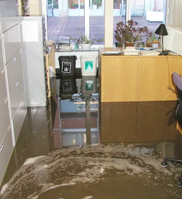 An interior room severely flooded with murky brown water covering the floor, with filing cabinets, office equipment, and furniture partially submerged. The water reflects the room's contents and overhead lighting, indicating significant water damage from flooding. Large windows are visible in the background, and various household items and appliances can be seen partially submerged throughout the space.