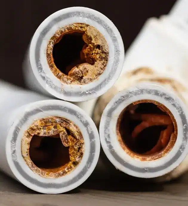 Three white PVC pipes are shown from above, displaying the interior buildup of rust and mineral deposits. The pipes contain varying levels of corrosion, with reddish-brown oxidation and sediment accumulation visible around the edges and throughout the interior walls. This image illustrates the effects of water corrosion and mineral buildup in aging plumbing infrastructure.