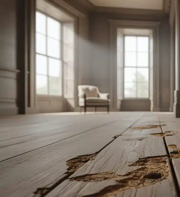A spacious, minimalist interior room features two large windows with sheer curtains allowing natural light to flood the space. The floor displays weathered wooden planks with visible cracks and wear, contrasting with the pristine white walls and ceiling. A single upholstered chair sits in the background near the windows, emphasizing the room's sparse, modern aesthetic.