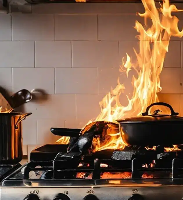 A kitchen fire blazes dramatically on a stovetop, with large flames engulfing a black pot and surrounding cookware against a white subway tile backsplash. The intense orange and yellow flames shoot upward, creating a dangerous cooking accident scenario. Cooking utensils and a kettle sit nearby on the stovetop burners, illustrating a hazardous kitchen safety situation.