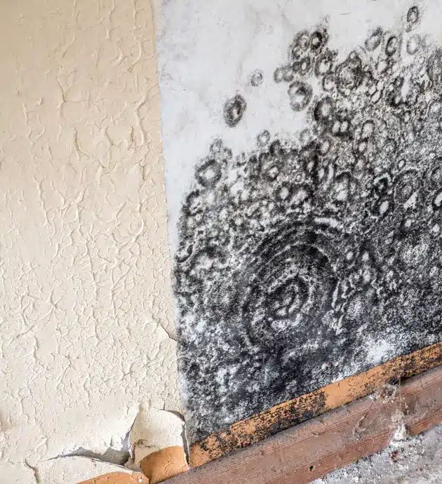 A wall section showing severe mold growth on the right side, with dark circular patterns and extensive discoloration spreading across the white painted surface. The left portion of the wall remains clean and light-colored, creating a stark contrast that highlights the extent of the mold infestation. A wooden baseboard and what appears to be a small white object are visible at the bottom of the frame.