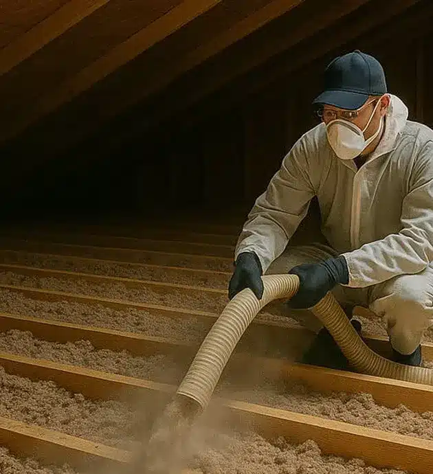 A worker wearing a blue cap, tan jacket, and protective mask crouches on wooden floor joists while installing or working with insulation material in an attic space. The person is holding a large roll of what appears to be fiberglass or mineral wool insulation, positioning it between the wooden beams. The dark attic setting and construction materials suggest this is part of a home insulation or renovation project.