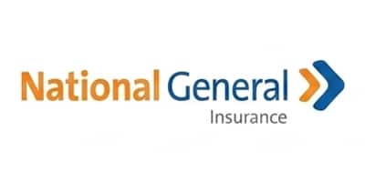 The National General Insurance company logo features the text "National" in orange, "General" in dark blue, and "Insurance" in gray, accompanied by two blue arrow chevrons pointing to the right. The logo represents an insurance company that provides general insurance coverage to customers.
