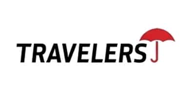The Travelers logo features the word "TRAVELERS" in bold, black, italicized text with a distinctive red umbrella symbol replacing the letter "J" at the end. The umbrella is a recognizable icon of the insurance company, symbolizing protection and security. This is the corporate branding for Travelers Insurance, a major property and casualty insurance provider.