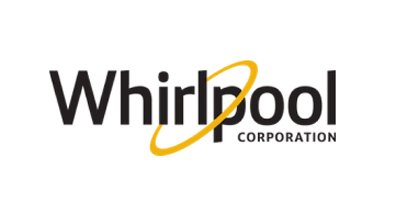 The Whirlpool Corporation logo featuring the company name in bold black letters with a distinctive yellow and orange swoosh or orbital design element integrated into the letter "p". The word "CORPORATION" appears in smaller text below the main logo, identifying this as the branding for the major home appliance manufacturer.