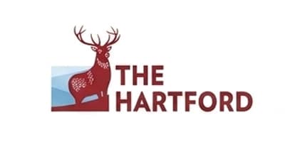 The Hartford insurance company logo featuring a red stag or deer silhouette on the left side with a blue rectangular background, alongside the company name "THE HARTFORD" in dark red text on the right. The deer is depicted in a standing position showing antlers, serving as the iconic symbol of this major insurance provider.