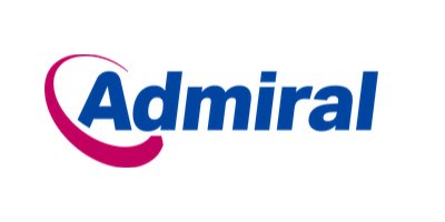The Admiral logo featuring the company name in bold blue letters accompanied by a distinctive magenta crescent symbol on the left side. Admiral is a UK-based insurance provider offering car, home, pet, and travel insurance products. The logo uses a modern, professional design with the curved pink graphic element serving as the company's brand mark.