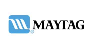 The Maytag logo features a blue square with white diagonal stripes on the left side, followed by the word "MAYTAG" in bold black capital letters. A registered trademark symbol appears below the blue icon. This is the corporate branding for Maytag, a major American manufacturer of home appliances including washers, dryers, and refrigerators.