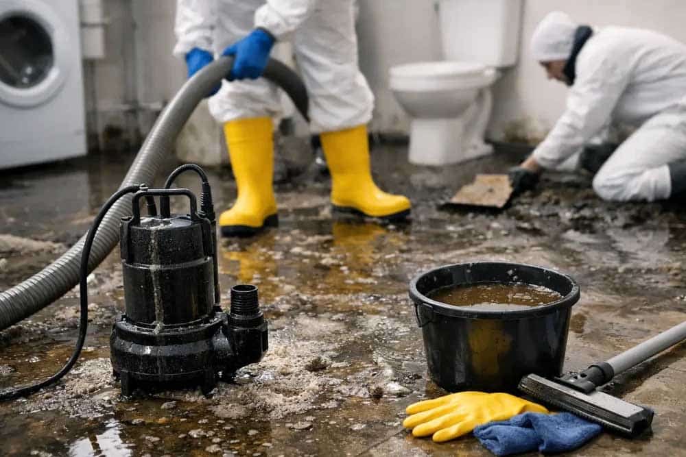 Professional water damage restoration workers in protective white suits and yellow rubber boots use a submersible pump and cleaning equipment to remove contaminated water from a flooded bathroom. The scene shows wet flooring, a toilet, washing machine, and various cleanup tools including a bucket and cleaning cloth, illustrating emergency water mitigation and restoration work.