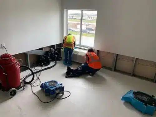 Two construction workers wearing safety vests and hard hats operate industrial cleaning and drying equipment on a concrete floor in an empty interior space. Large windows with views of a parking lot and buildings are visible in the background, along with beige wainscoting on the lower walls. Various pieces of equipment including red and blue machines with hoses are positioned throughout the room, suggesting moisture remediation or deep cleaning work in progress.