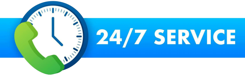 A graphic banner displaying "24/7 SERVICE" in white text on a blue background, featuring a clock showing 12 o'clock and a green telephone receiver icon. This image represents round-the-clock customer support and availability for services or contact purposes.