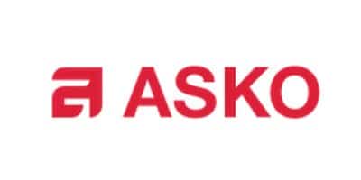 The ASKO logo features the company name in bold, red capital letters with a distinctive geometric icon to the left. The icon consists of stylized letterforms that create an abstract "A" shape. This is the brand logo for ASKO, a kitchen appliance and home technology manufacturer.