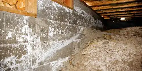 A damp basement or crawl space showing a concrete foundation wall with extensive white mold or efflorescence growth, deteriorating plaster, and exposed wooden floor joists above. The sandy, bare ground floor and poor lighting conditions indicate inadequate ventilation and moisture problems typical of older or poorly maintained underground structures.