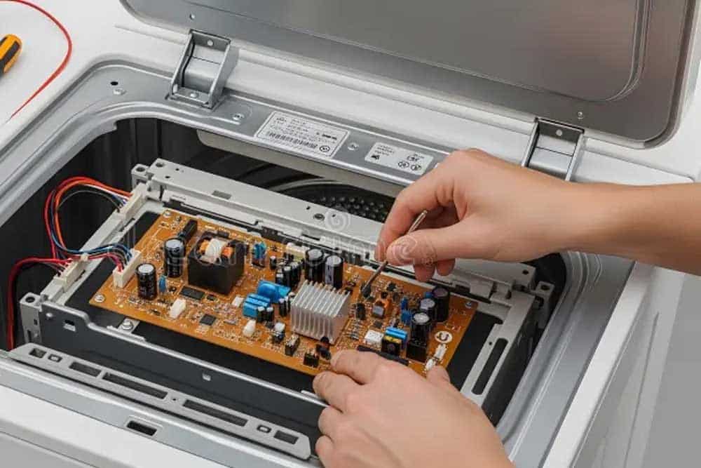 A technician's hands carefully handle an orange and blue circuit board being removed from the interior of an open printer or multifunction device. The exposed internal components show various electronic parts, wiring, and mechanical elements typical of office equipment maintenance. The device's gray casing and metal hinges are visible, indicating this is likely a repair or maintenance procedure.