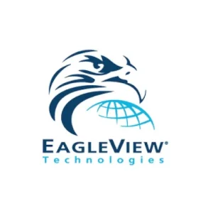 EagleView Technologies logo featuring a stylized dark blue eagle head with flowing feathers positioned above a light blue globe grid pattern. The company name "EAGLEVIEW" appears in bold dark blue text below the imagery, with "Technologies" in smaller cyan text underneath, representing a technology company specializing in aerial imagery and geospatial solutions.