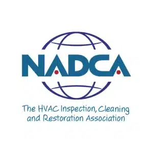 The NADCA logo features the organization's name in large teal letters with two red diamond accents, centered within a stylized globe design in dark blue. Below the logo, the tagline reads "The HVAC Inspection, Cleaning and Restoration Association" in blue script text. The logo represents NADCA's mission to serve professionals in the heating, ventilation, air conditioning, and restoration industries.