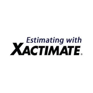 The Xactimate logo featuring the company name in bold black letters with the tagline "Estimating with" in blue italic text above it. Xactimate is a widely-used software platform for property damage estimation and insurance claims management. The registered trademark symbol appears to the right of the company name.