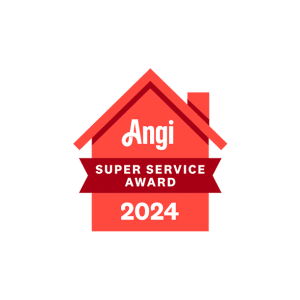 A red house-shaped badge featuring the Angi logo at the top, with a dark red ribbon banner across the middle displaying "SUPER SERVICE AWARD" in white text, and "2024" at the bottom. This award recognizes exceptional service quality on the Angi home services platform.