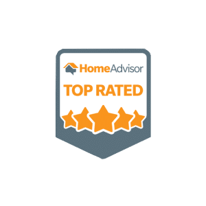 HomeAdvisor Top Rated badge featuring the HomeAdvisor logo at the top, the words "TOP RATED" in orange text, and five gold stars arranged in a row below. The badge is displayed as a shield-shaped banner with a dark gray border and bottom point, commonly used to showcase service provider excellence and customer satisfaction ratings.