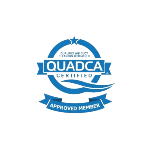 QUADCA certified logo featuring a blue circular badge with a star at the top and ribbon banner. The seal indicates certification from the Qualified Air Duct Cleaners Affiliation and designates the holder as an approved member, signifying professional air duct cleaning services that meet industry standards.