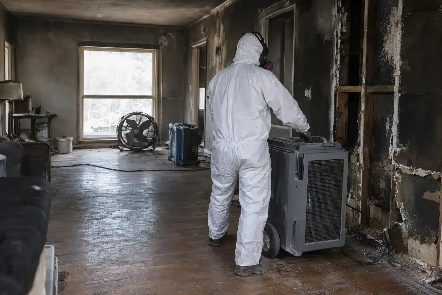 A technician in white coveralls and a respirator stands with back to camera beside a professional HEPA air scrubber unit inside a smoke-damaged room with soot-stained walls and charred drywall, with industrial fans staged nearby.