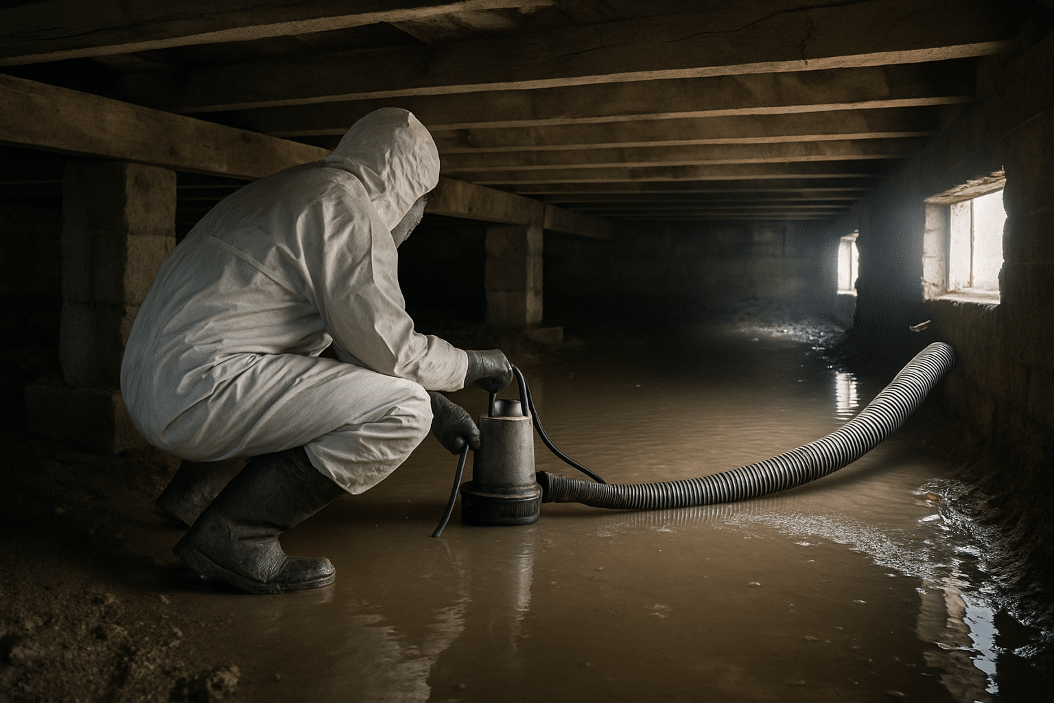 Directly illustrates active crawlspace water extraction under a pier-and-beam home, matching the page's primary service