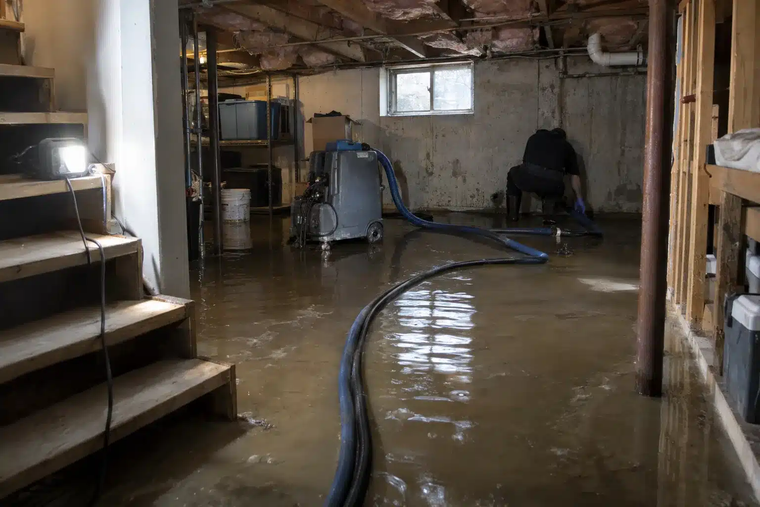Standing water covering a concrete basement floor reflects portable work lighting, with an extraction hose trailing toward an industrial unit and a technician's back visible crouching near the far wall